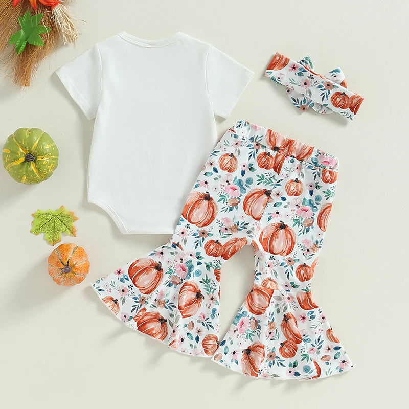 Baby Girl Halloween Pumpkin Romper, Flare Pants & Headband