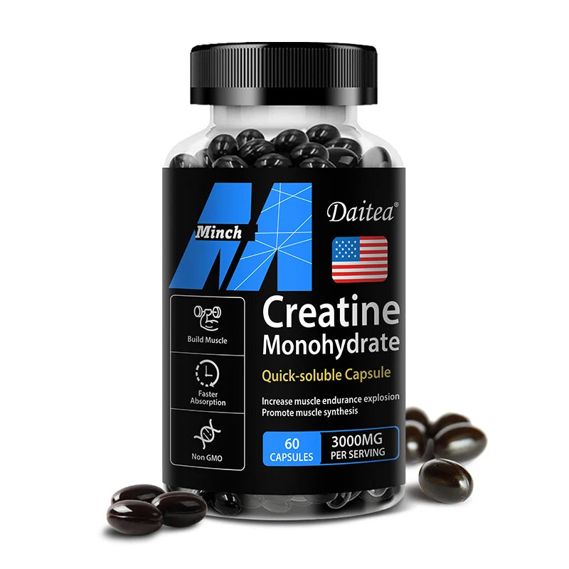 Monohidrato de creatina: promueve la masa muscular, la fuerza muscular y el rendimiento atlético, 30/60/120 cápsulas, sin OGM, sin gluten