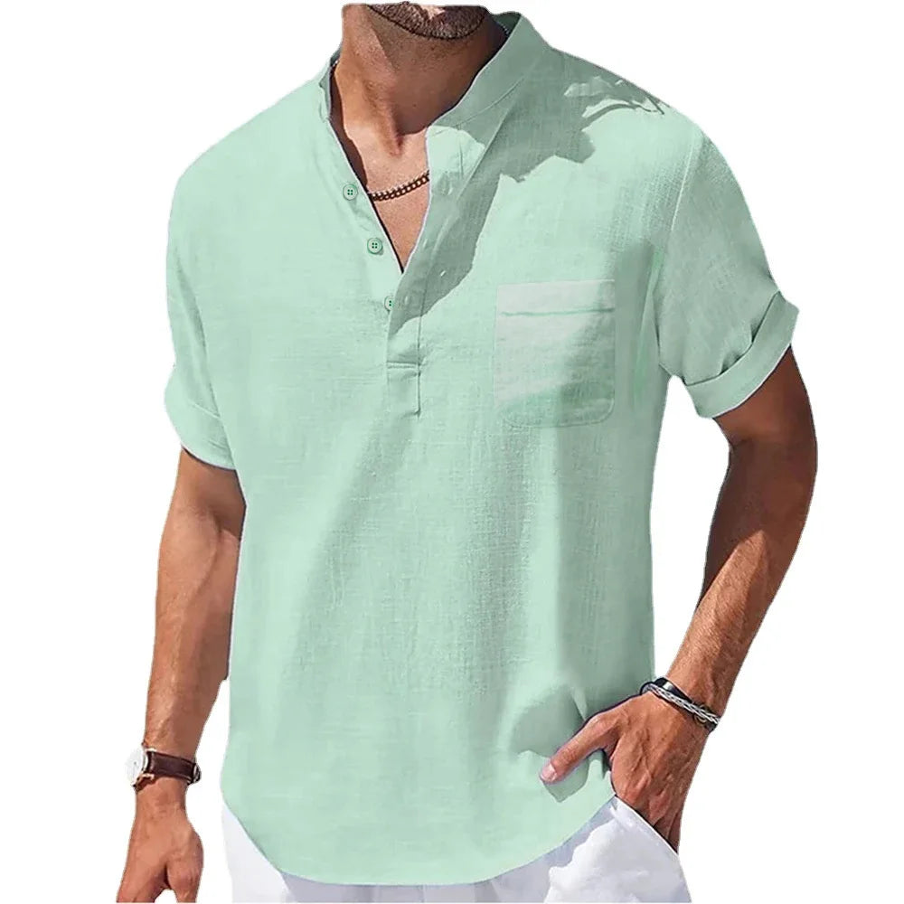 Novedad de verano, camisas de algodón y lino para hombre, camiseta de manga corta con cuello Henry, camisetas informales para hombre, camisa, ropa para hombre