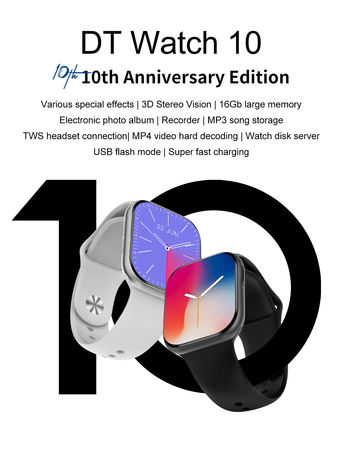 Nuevo reloj inteligente DT 10 con memoria grande de 16GB NFC, brújula de visión estéreo 3D, modo Muiti-Sport, reloj inteligente resistente al agua con llamadas Bluetooth