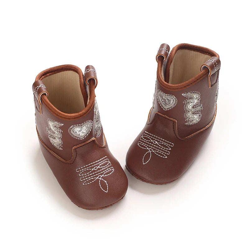 Baby Cowboy Boots Embroidery Soft Sole Baby Shoes Non‑Slip First Walkers Infant Toddler Booties Newborn Prewalker Shoes 0-18M