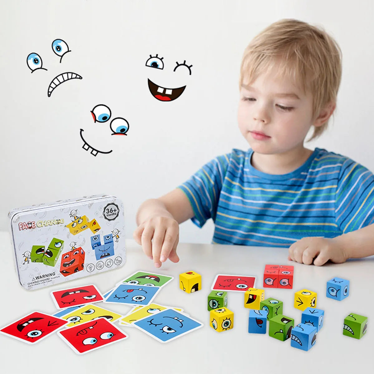 Cube Face Change Building Blocks Board Game Wood Puzzle Expression Wooden Blocks Toys for Gift