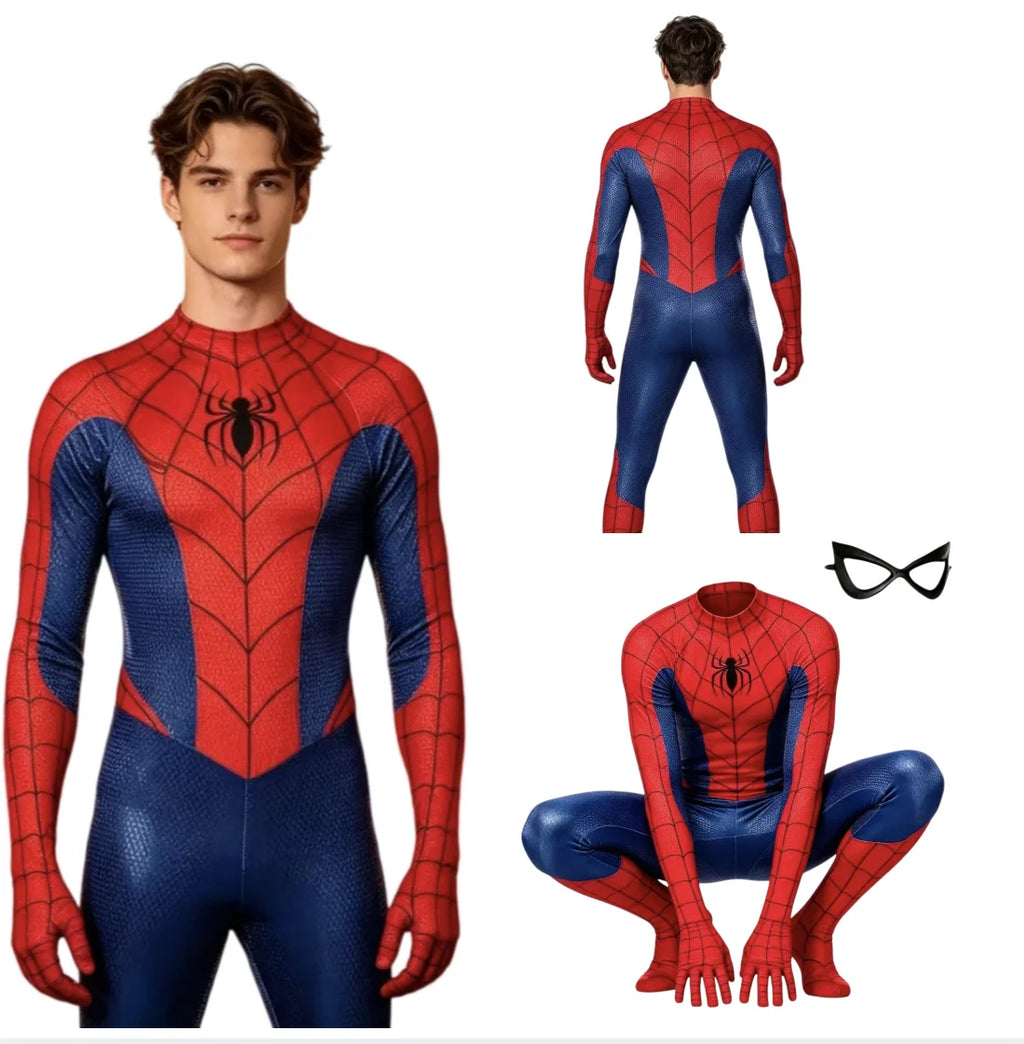 Red and blue Spider-Man cos costume Halloween Comic-Con Children Adult one-piece tights Independent blindfold Hero performance