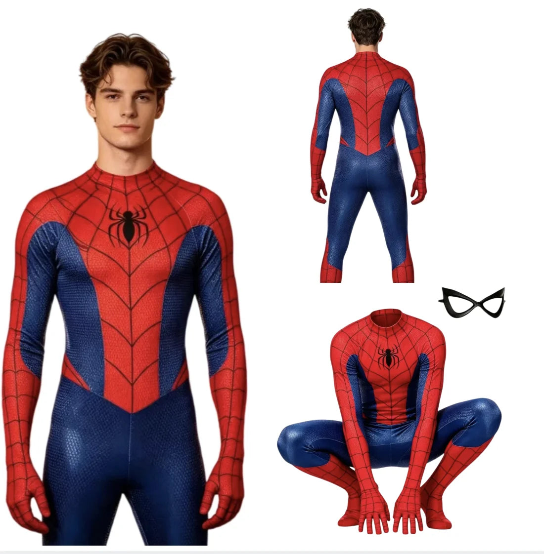 Red and blue Spider-Man cos costume Halloween Comic-Con Children Adult one-piece tights Independent blindfold Hero performance