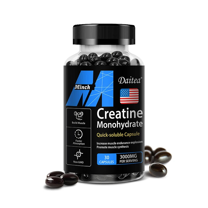 Monohidrato de creatina: promueve la masa muscular, la fuerza muscular y el rendimiento atlético, 30/60/120 cápsulas, sin OGM, sin gluten