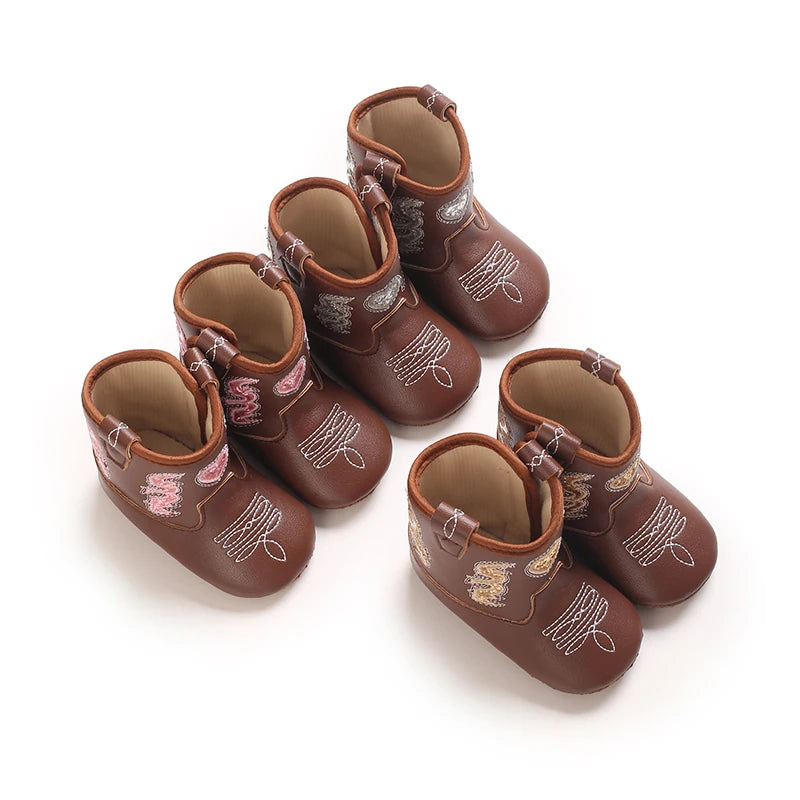 Baby Cowboy Boots Embroidery Soft Sole Baby Shoes Non‑Slip First Walkers Infant Toddler Booties Newborn Prewalker Shoes 0-18M