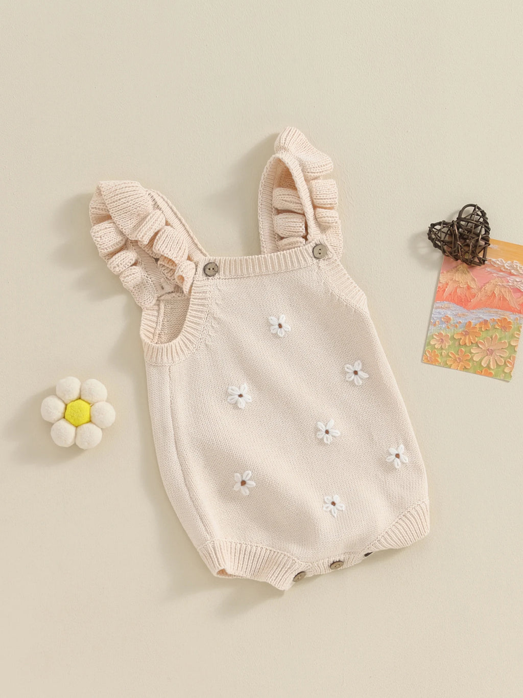 Baby Girl Floral-Embroidered Sleeveless Ruffle Romper