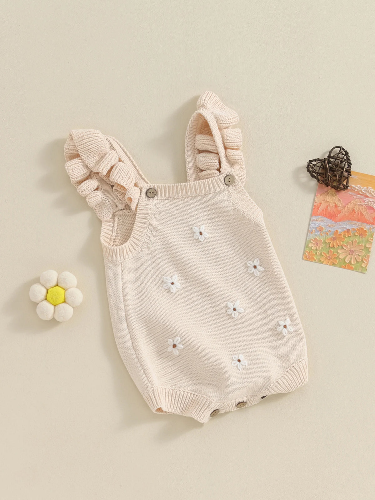 Baby Girl Floral-Embroidered Sleeveless Ruffle Romper