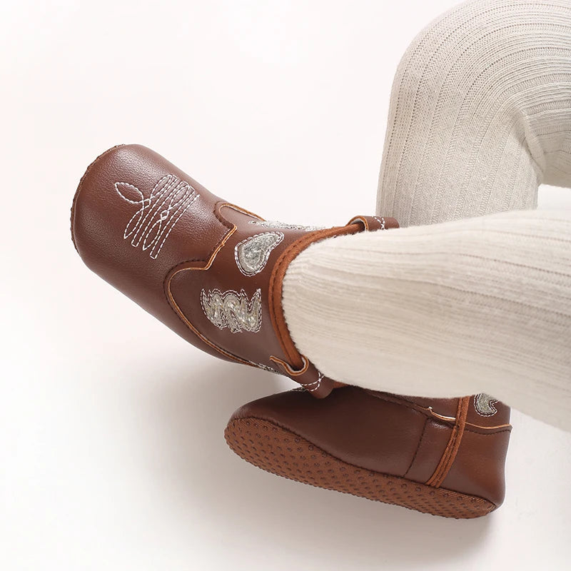 Baby Cowboy Boots Embroidery Soft Sole Baby Shoes Non‑Slip First Walkers Infant Toddler Booties Newborn Prewalker Shoes 0-18M