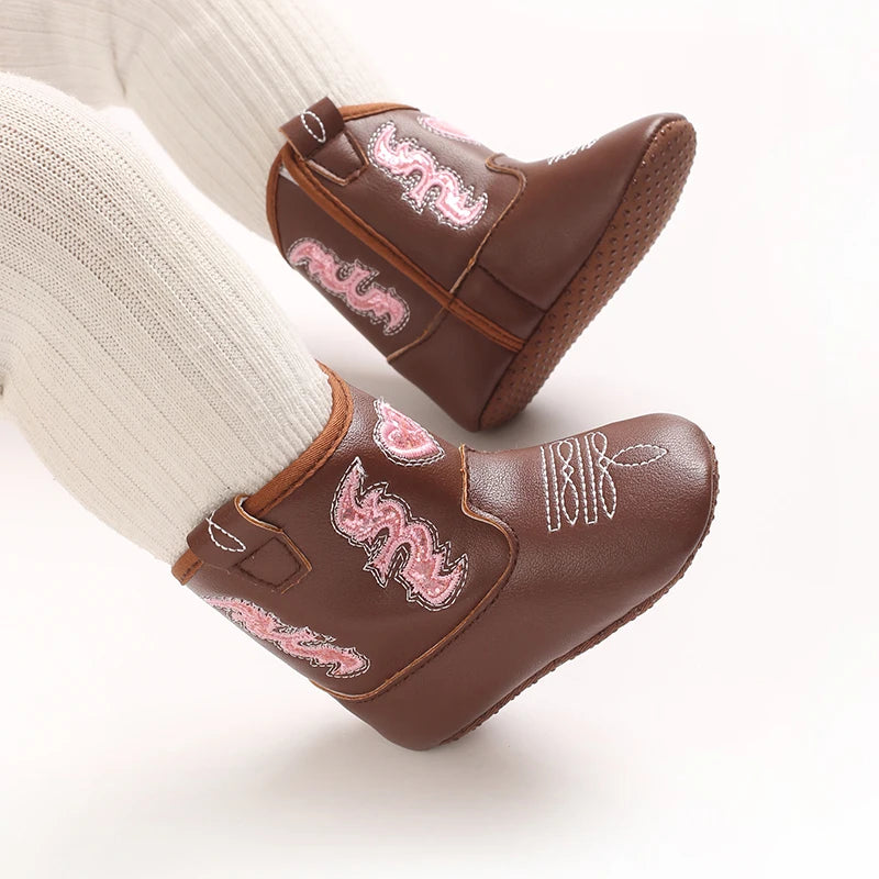 Baby Cowboy Boots Embroidery Soft Sole Baby Shoes Non‑Slip First Walkers Infant Toddler Booties Newborn Prewalker Shoes 0-18M