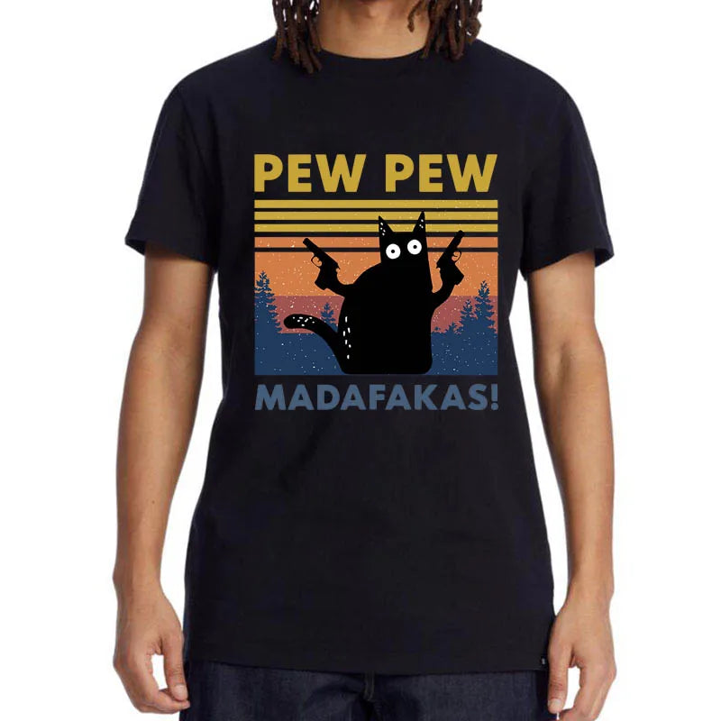 Camiseta Pew Pew Madafakas para hombre, camiseta de manga corta con diseño de gato divertido, camisetas holgadas de algodón, camiseta con cuello redondo, ropa de calle