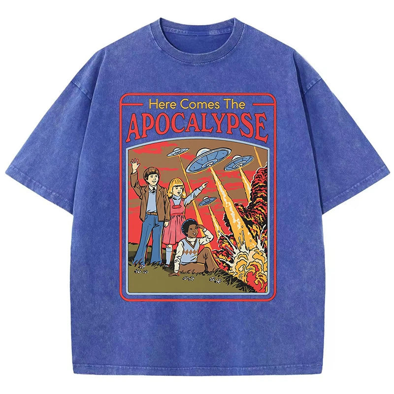 Aquí viene el Apocalipsis Ufo, ropa Retro lavada para hombre, ropa de calle de gran tamaño de calidad, Tops de algodón a la moda, camiseta holgada informal