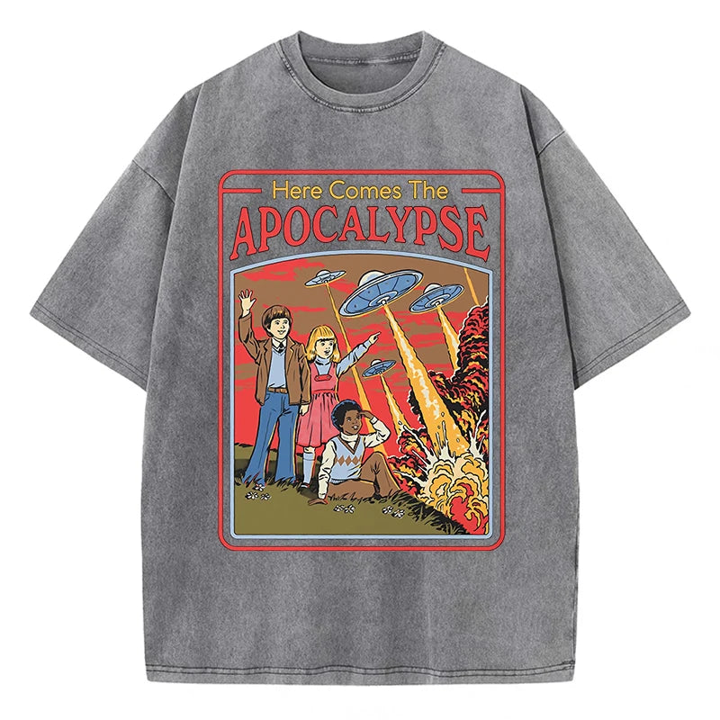 Aquí viene el Apocalipsis Ufo, ropa Retro lavada para hombre, ropa de calle de gran tamaño de calidad, Tops de algodón a la moda, camiseta holgada informal