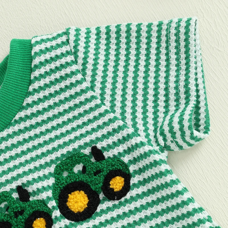 Baby Truck Embroidered Striped Short-Sleeve Romper