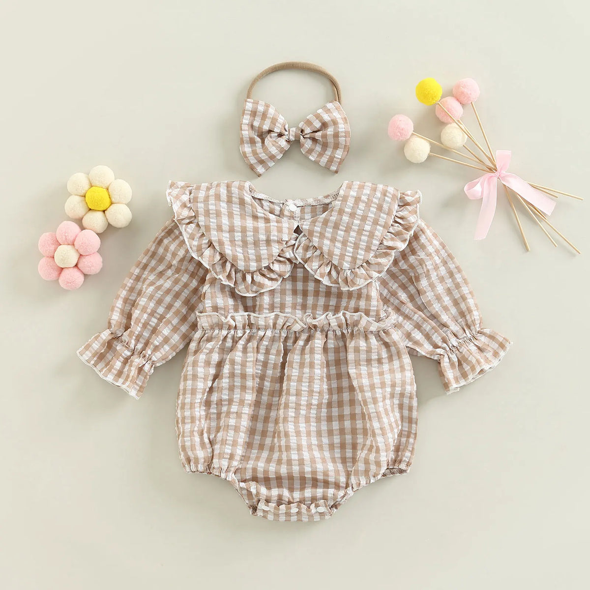 Baby Girl Plaid-Collar Long-Sleeve Romper & Headband