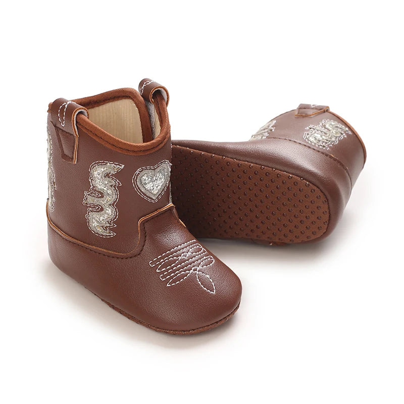 Baby Cowboy Boots Embroidery Soft Sole Baby Shoes Non‑Slip First Walkers Infant Toddler Booties Newborn Prewalker Shoes 0-18M