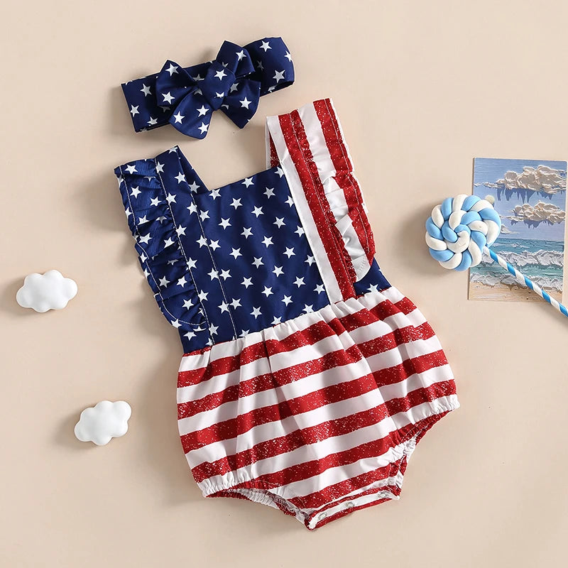Baby Girl 4th of July Ruffle Romper & Headband Set