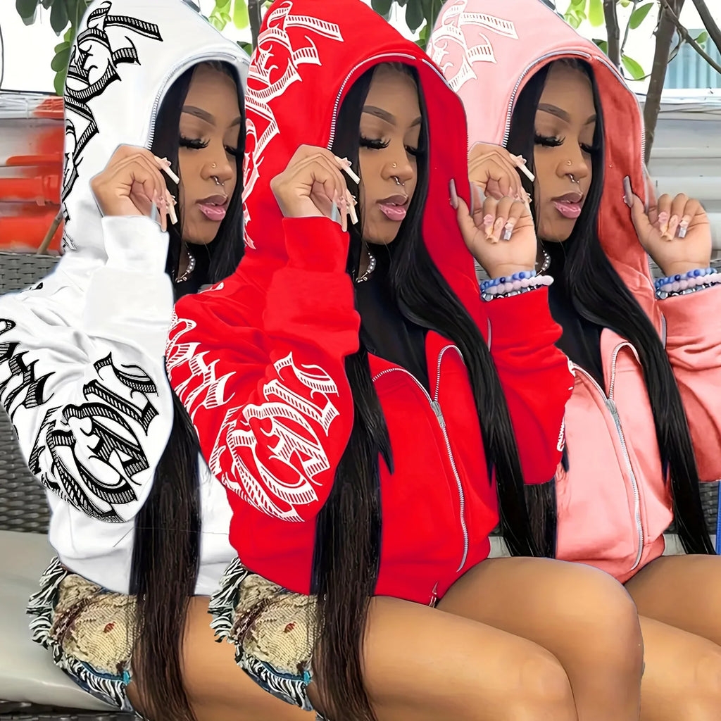 Sudaderas con capucha y cremallera de manga larga con estampado de letras, sudadera punk gótica Cyber Y2K, ropa de mujer