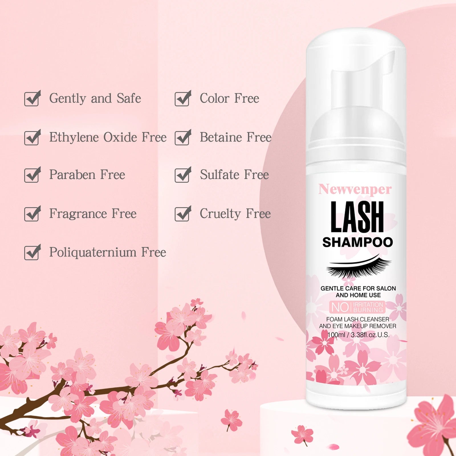 Champú de pestañas para pestañas 100ML + cepillo y varita de rímel limpieza espumosa de párpados, removedor de limpiador de extensiones, removedor de maquillaje