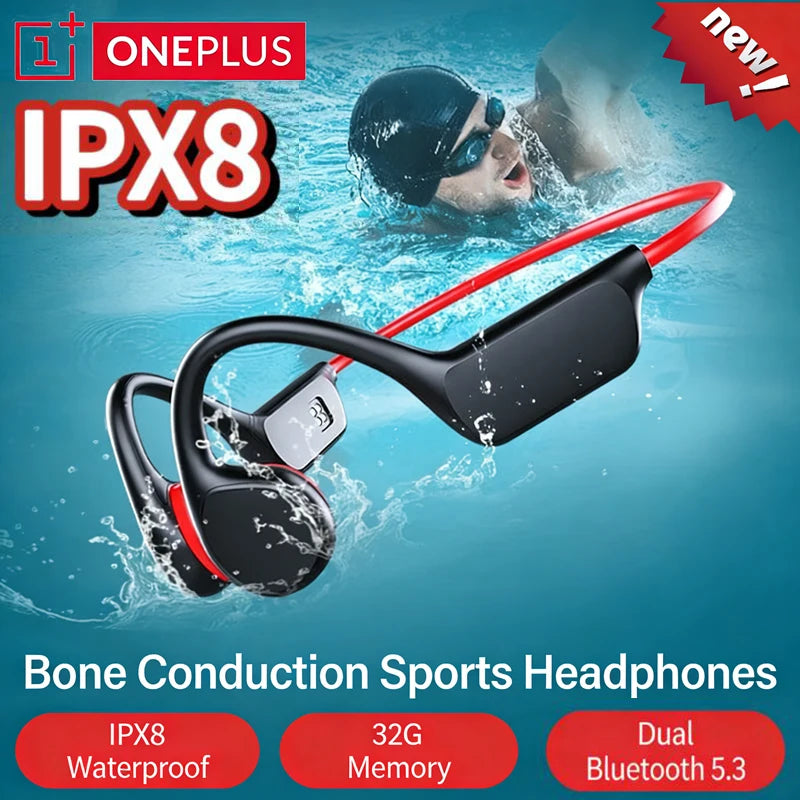 Auriculares OnePlus de Conducción Ósea, Auriculares Deportivos con Bluetooth 5.4, Resistentes al Agua IPX8, Manos Libres con Micrófono para Hacer Ejercicio