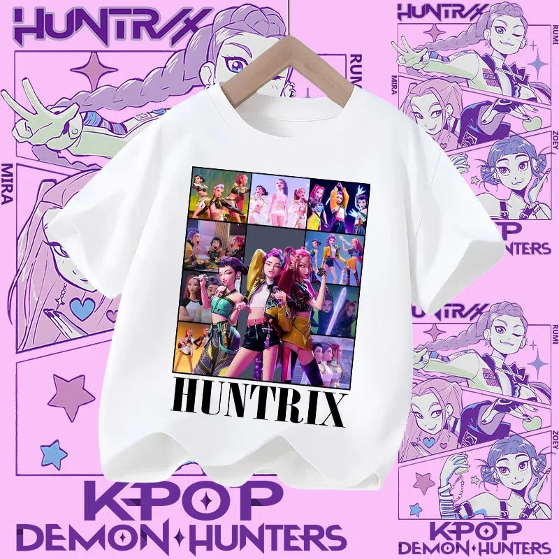 Children's KPOP Demon Hunters movie crewneck cartoon girls' and boys' T-shirt, casual print baby fashion clothing for summer