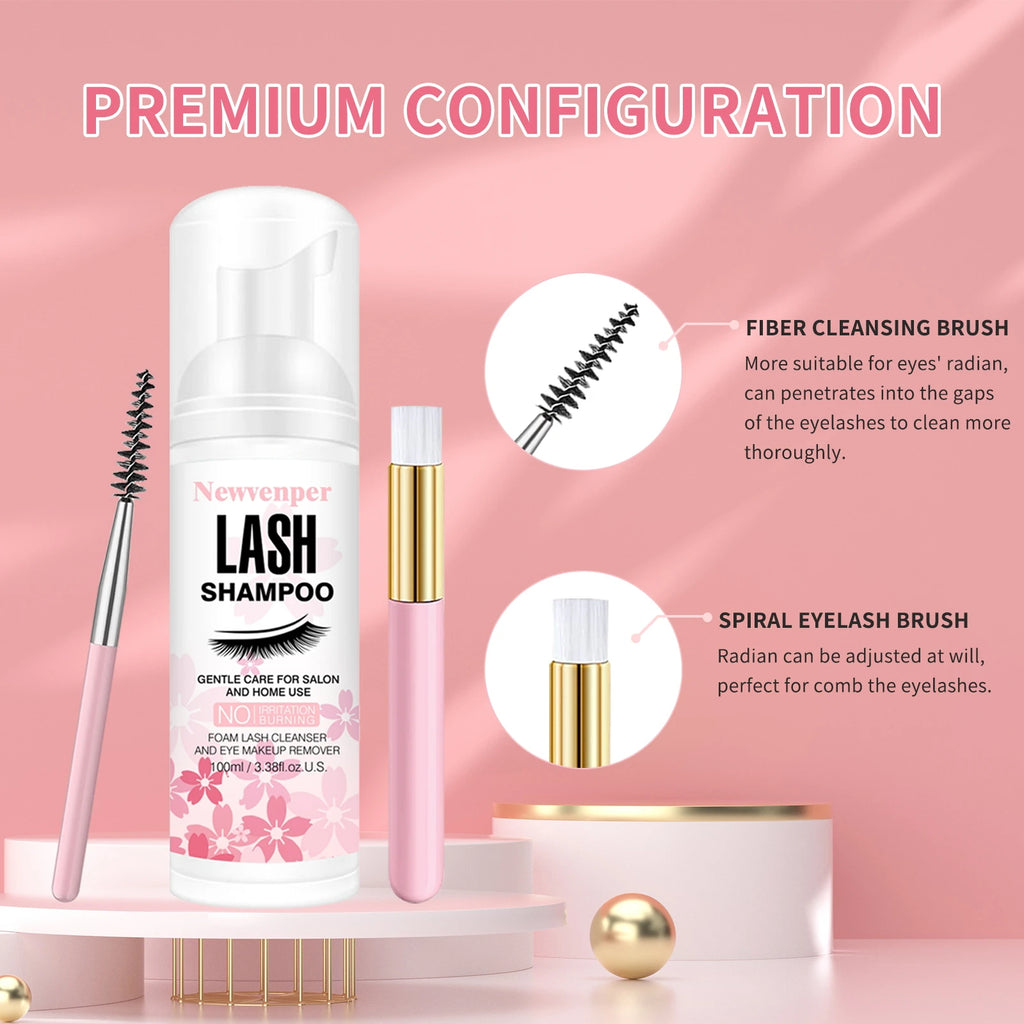 Champú de pestañas para pestañas 100ML + cepillo y varita de rímel limpieza espumosa de párpados, removedor de limpiador de extensiones, removedor de maquillaje