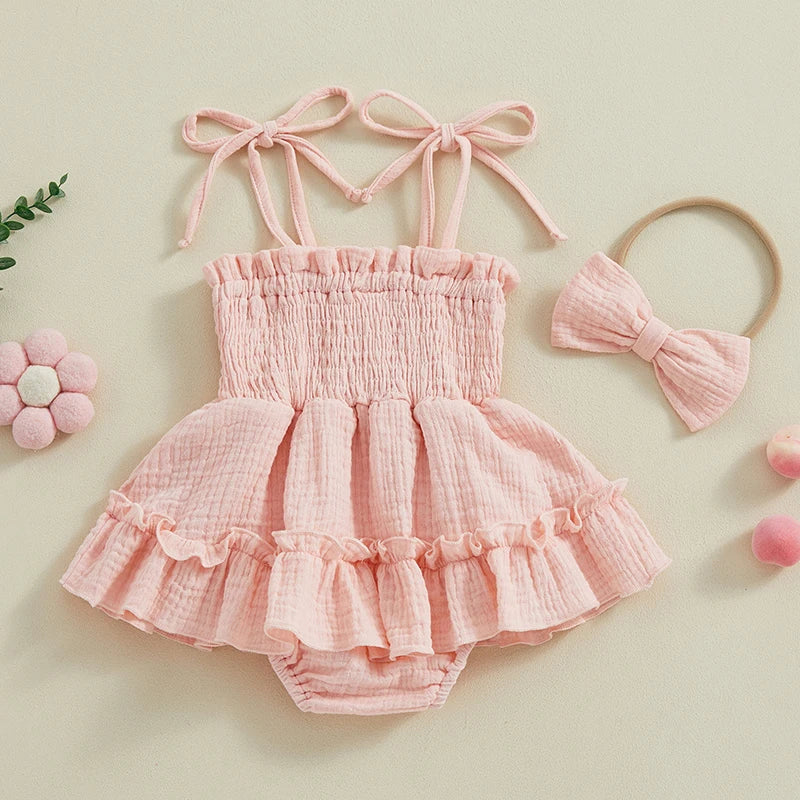 Baby Girl Sleeveless Tie-Strap Romper & Headband