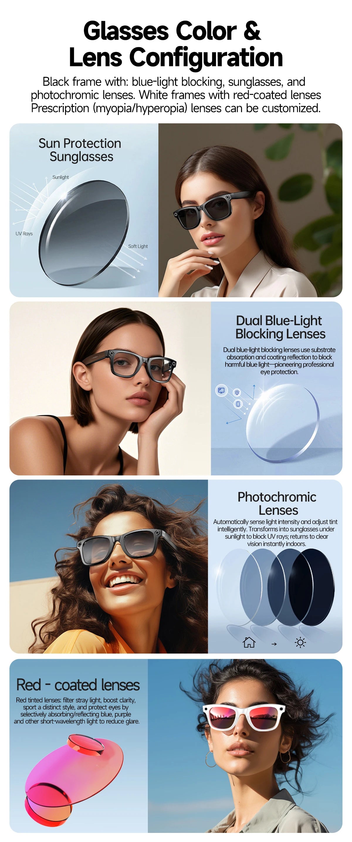 Gafas inteligentes HD grabación de vídeos reconocimiento de fotos AI traducción de respuesta 290mAh batería grande IP67 gafas Bluetooth impermeables