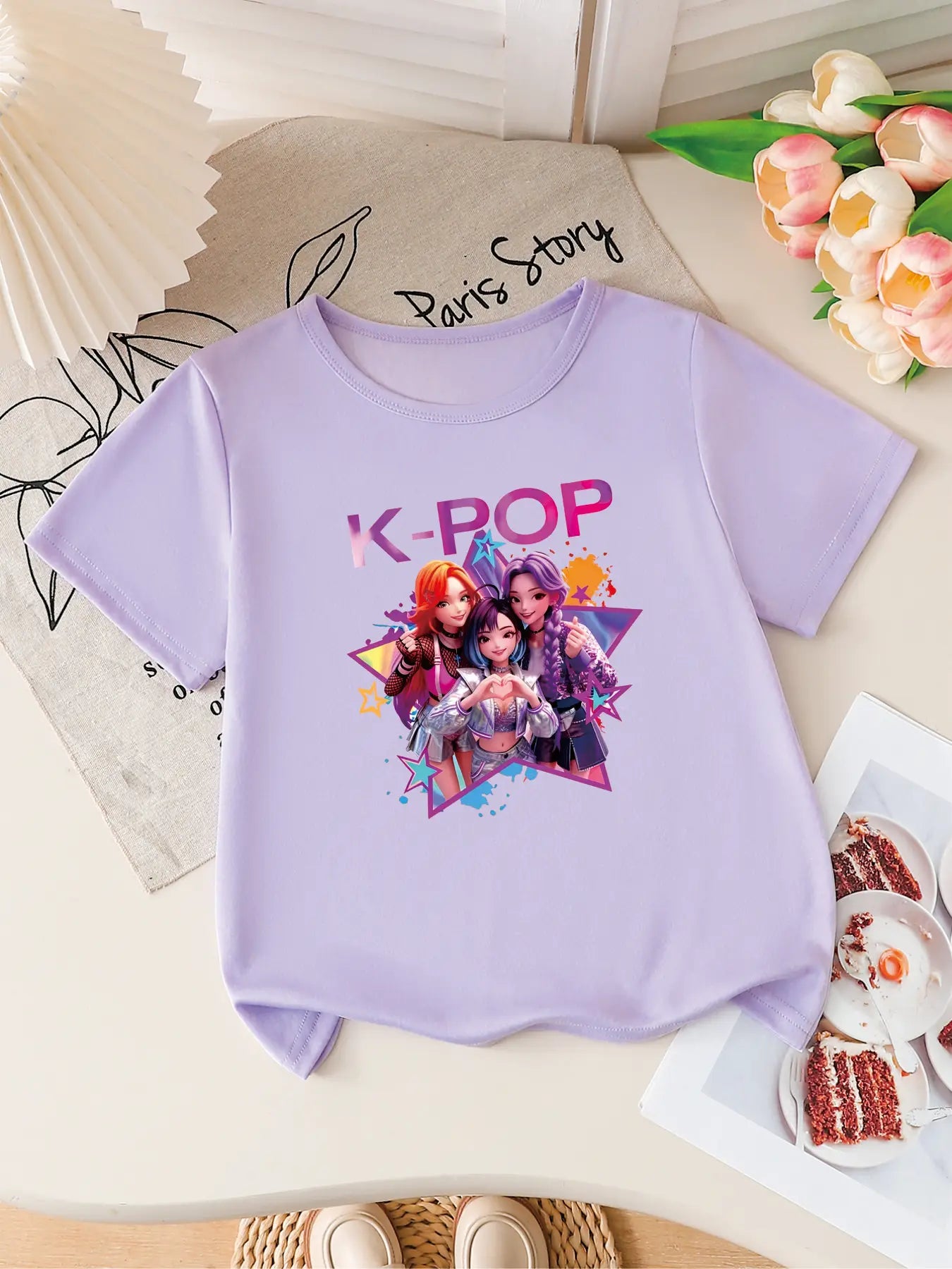 Camiseta de Manga Corta con Estampado de Grupo Idol de K-POP para Niñas, Linda Camiseta con Gráficos de Dibujos Animados, Top Informal de Verano para Niños