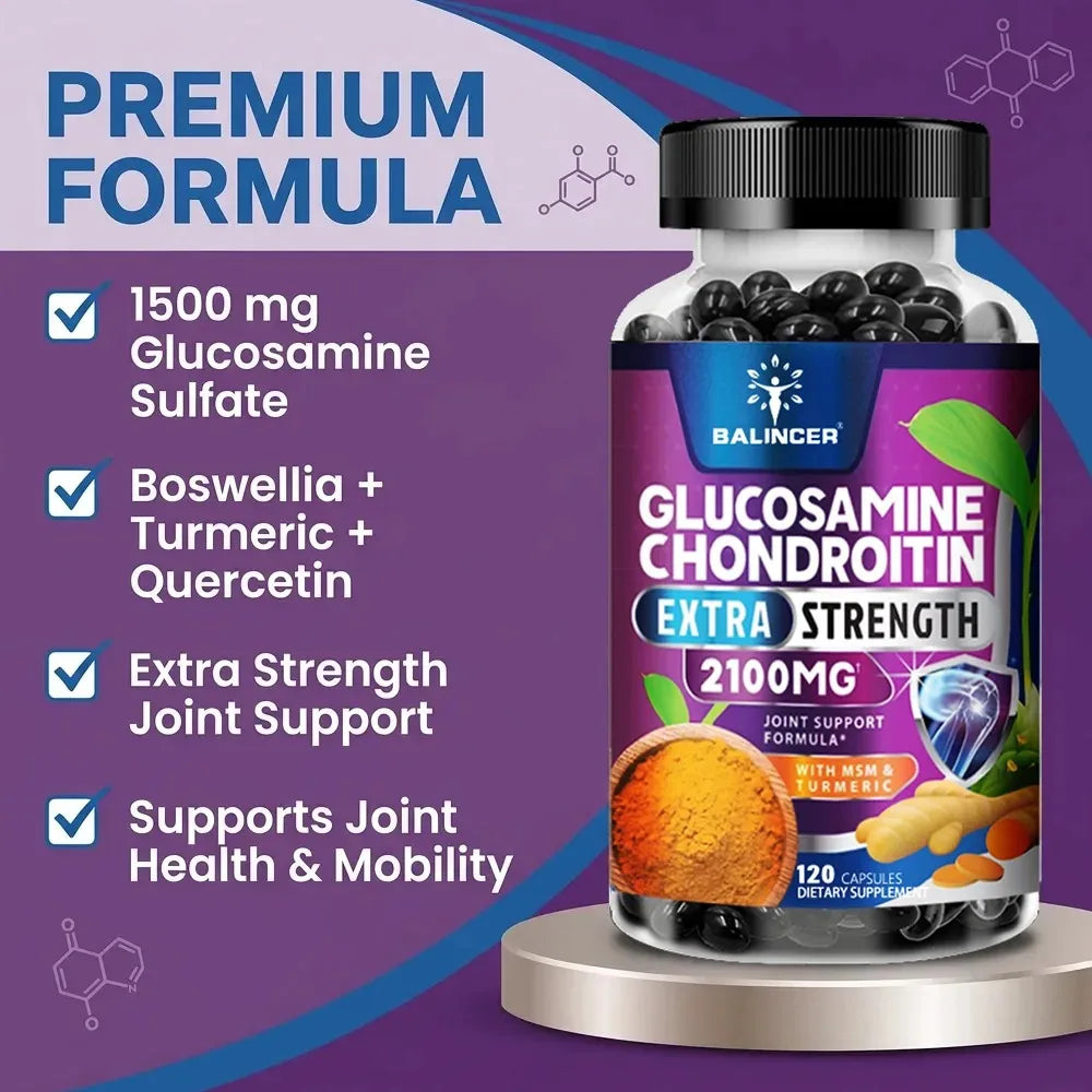 Glucosamina, Condroitina, Cúrcuma y MSM - Suplemento para la Salud de las Articulaciones, Antioxidante, Ayuda a Aliviar el Dolor de Espalda, Rodillas y Manos