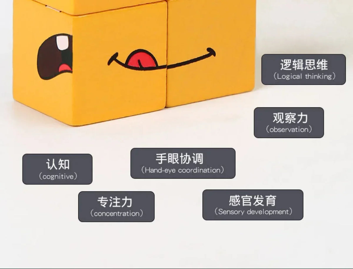 Cube Face Changing Wood Puzzle Building Blocks Board Game Montessori Expression Wooden Blocks Blocos For Children Kids Toys Gift