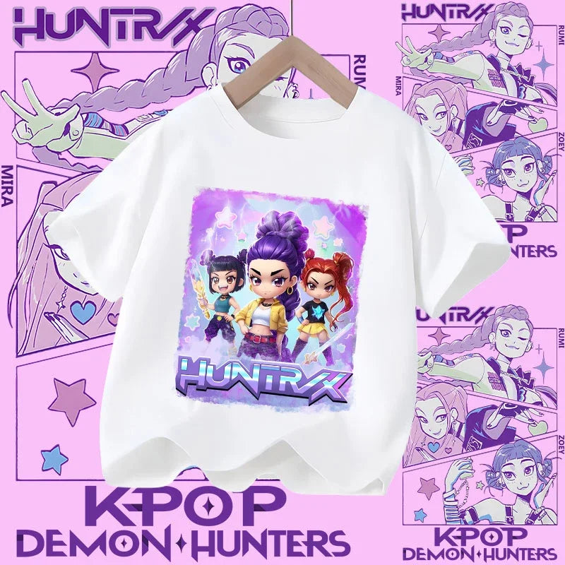 Children's KPOP Demon Hunters movie crewneck cartoon girls' and boys' T-shirt, casual print baby fashion clothing for summer