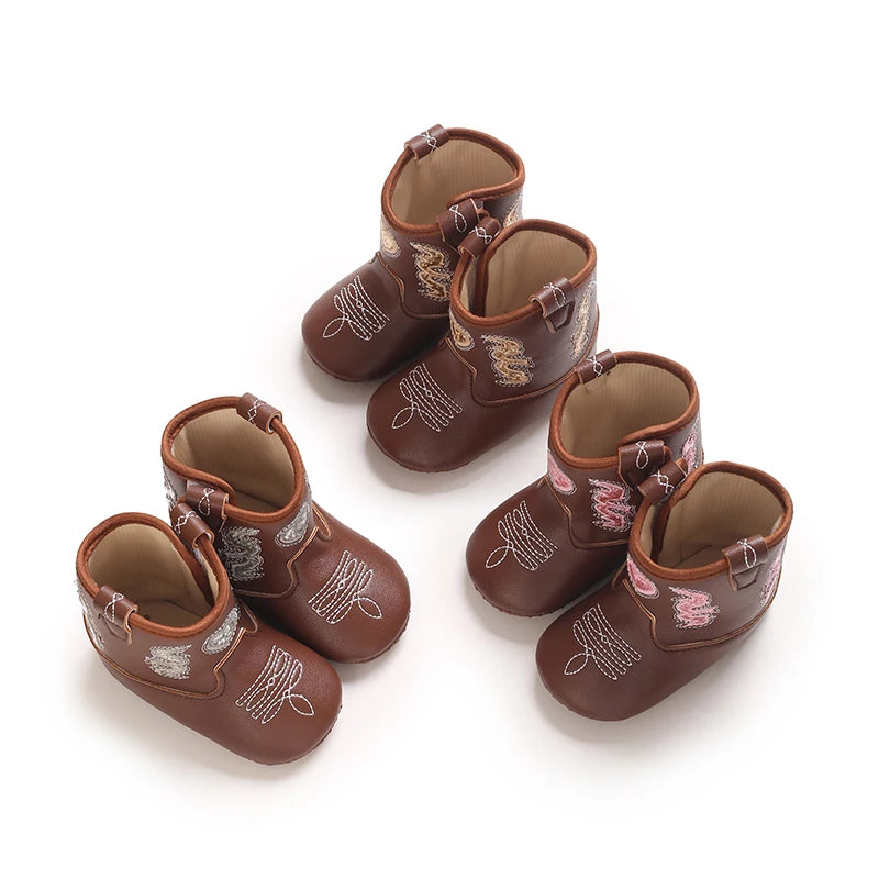 Baby Cowboy Boots Embroidery Soft Sole Baby Shoes Non‑Slip First Walkers Infant Toddler Booties Newborn Prewalker Shoes 0-18M