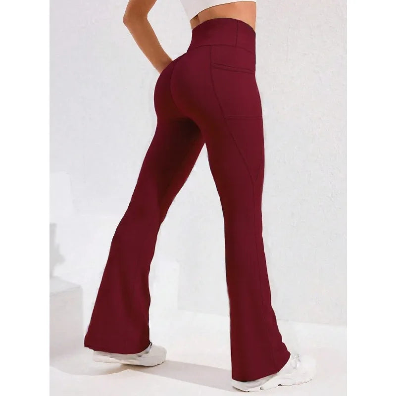 High Waist Flare Leg Yoga Pants Women with Pocket Push Up Butt  Running Tights Wide Leg Pants Gym Outdoor Cycling Leggings