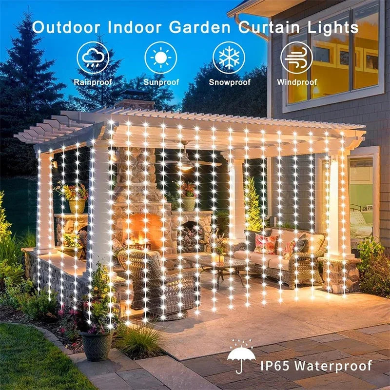Cortina de luz Solar para exteriores, 3x3M, 300Leds, guirnalda de decoraciones navideñas, 8 modos, decoración para fiesta de Navidad y Halloween, cadena de luces