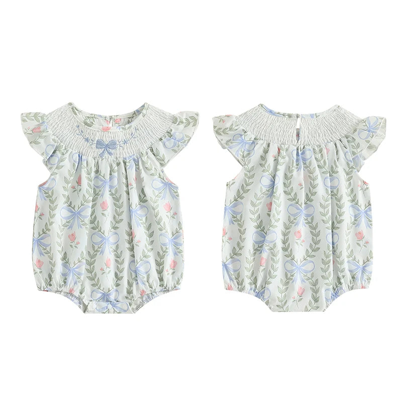 Baby Girl Floral Ruffle-Sleeve Romper with Bow