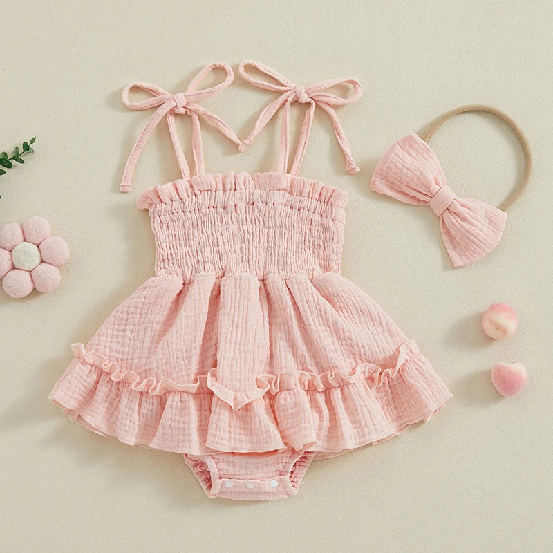 Baby Girl Sleeveless Tie-Strap Romper & Headband