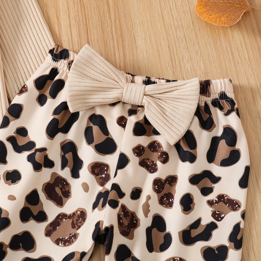 Baby Girl Ribbed Romper & Animal-Print Flare Pants Set