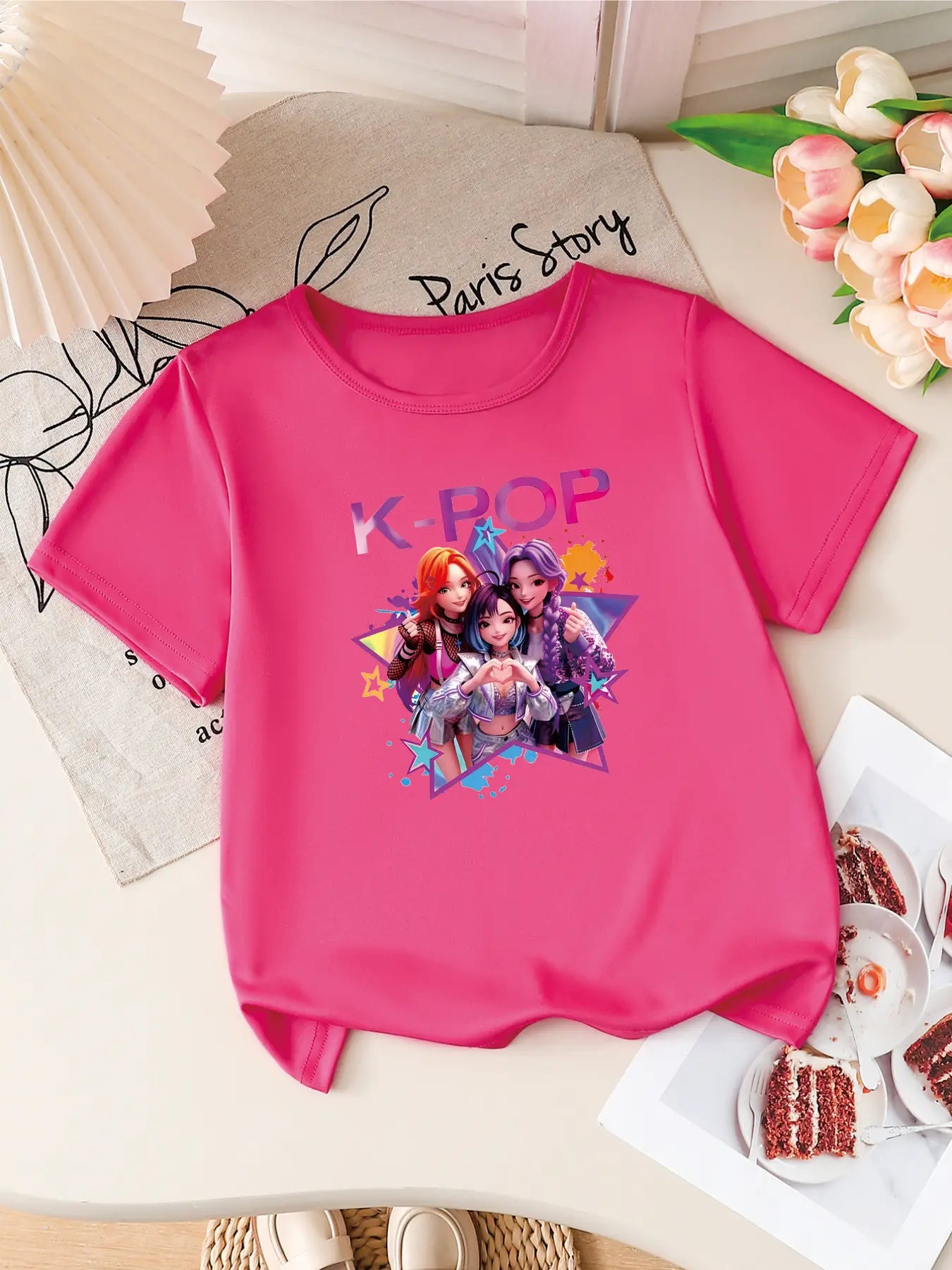 Camiseta de Manga Corta con Estampado de Grupo Idol de K-POP para Niñas, Linda Camiseta con Gráficos de Dibujos Animados, Top Informal de Verano para Niños