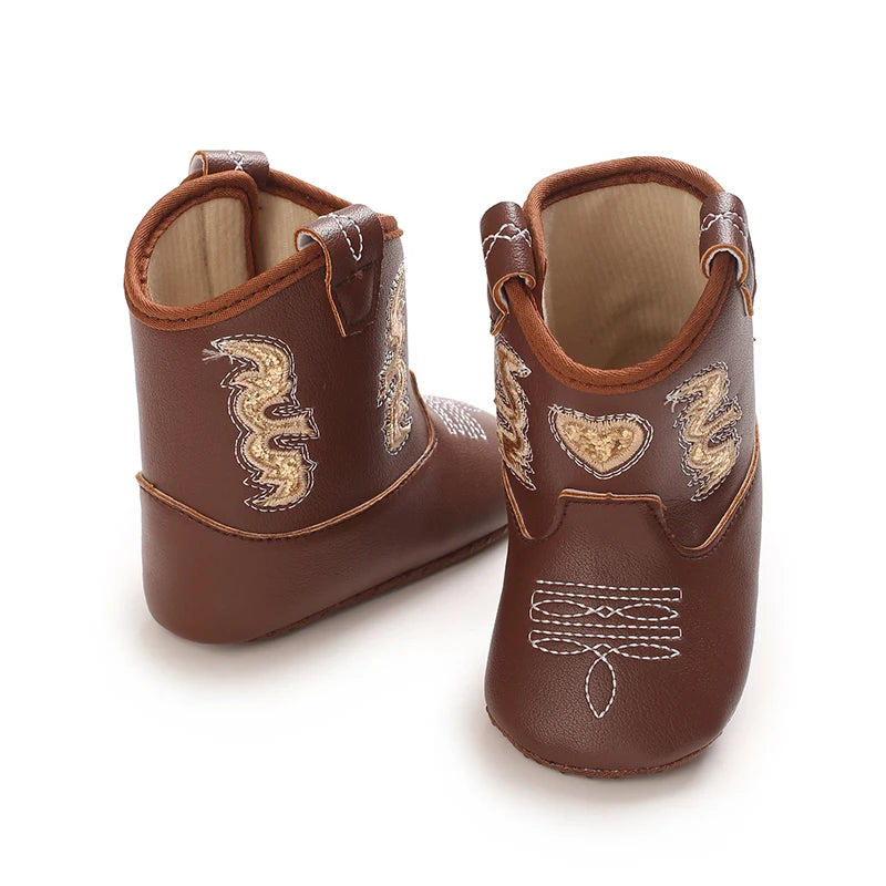 Baby Cowboy Boots Embroidery Soft Sole Baby Shoes Non‑Slip First Walkers Infant Toddler Booties Newborn Prewalker Shoes 0-18M