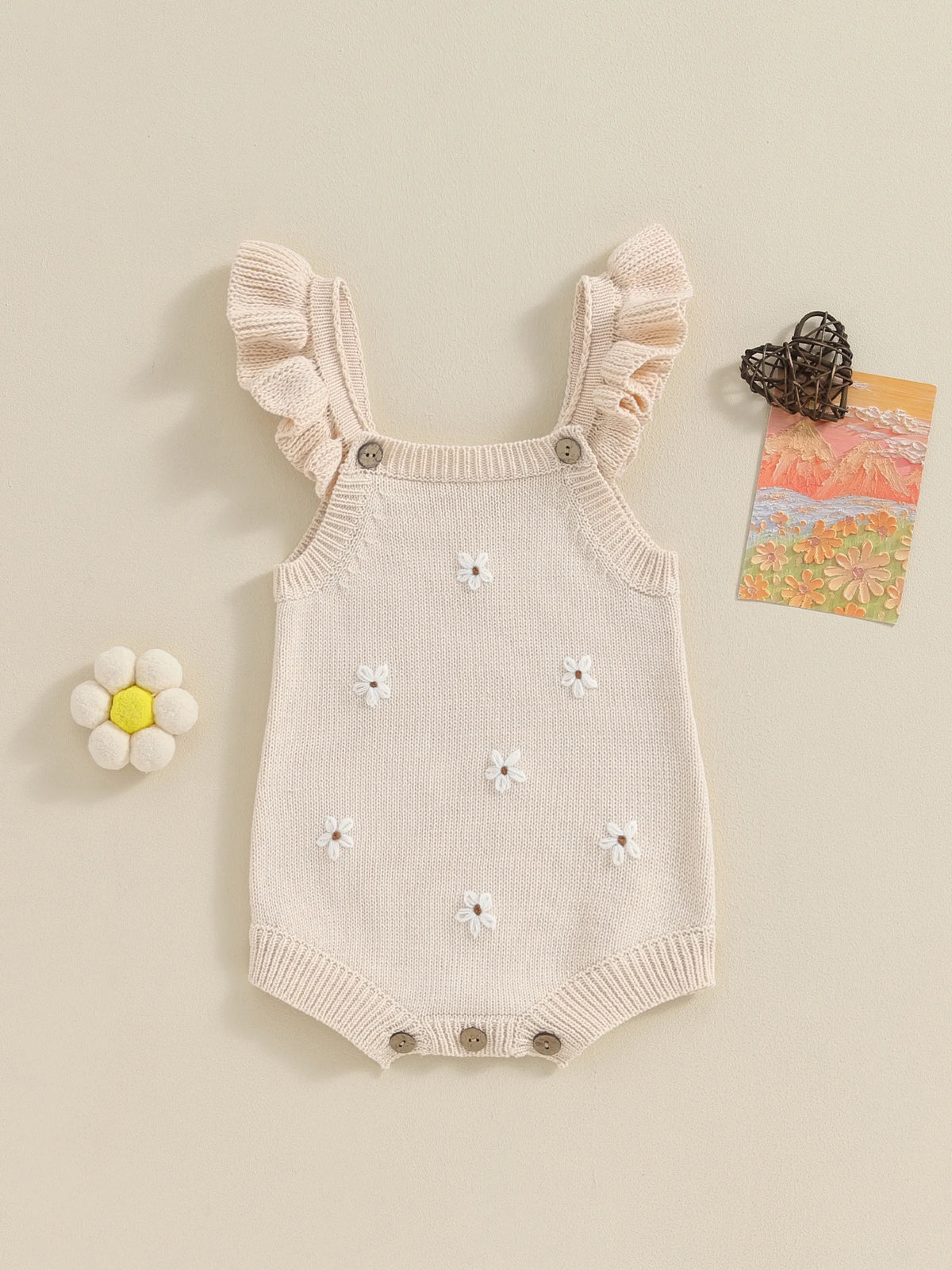 Baby Girl Floral-Embroidered Sleeveless Ruffle Romper