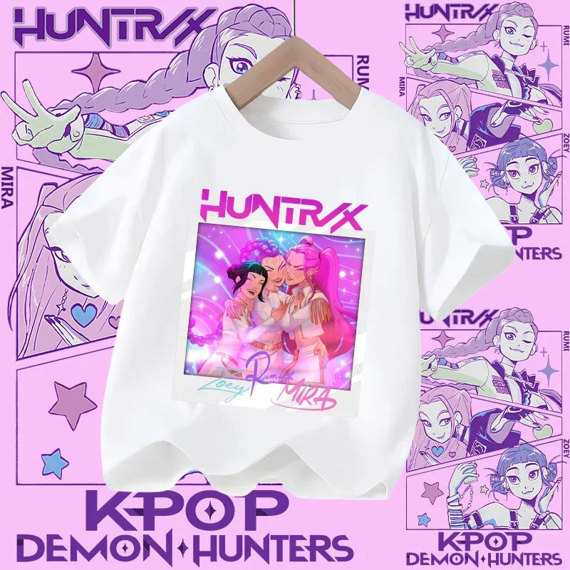 Children's KPOP Demon Hunters movie crewneck cartoon girls' and boys' T-shirt, casual print baby fashion clothing for summer