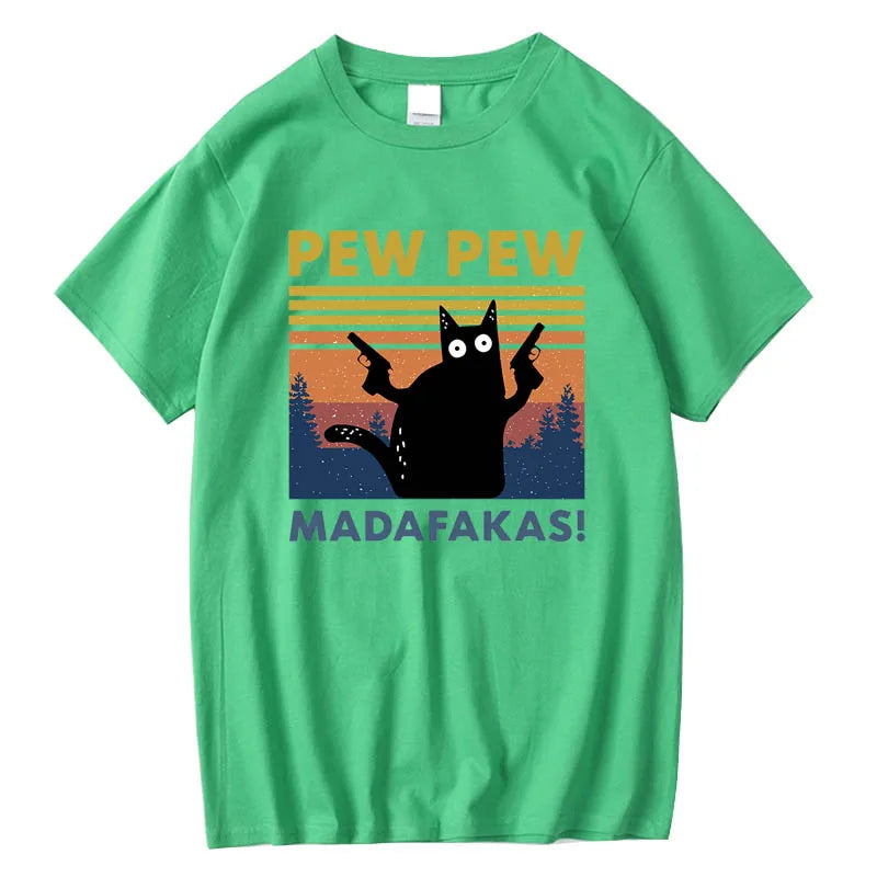 Camiseta Pew Pew Madafakas para hombre, camiseta de manga corta con diseño de gato divertido, camisetas holgadas de algodón, camiseta con cuello redondo, ropa de calle