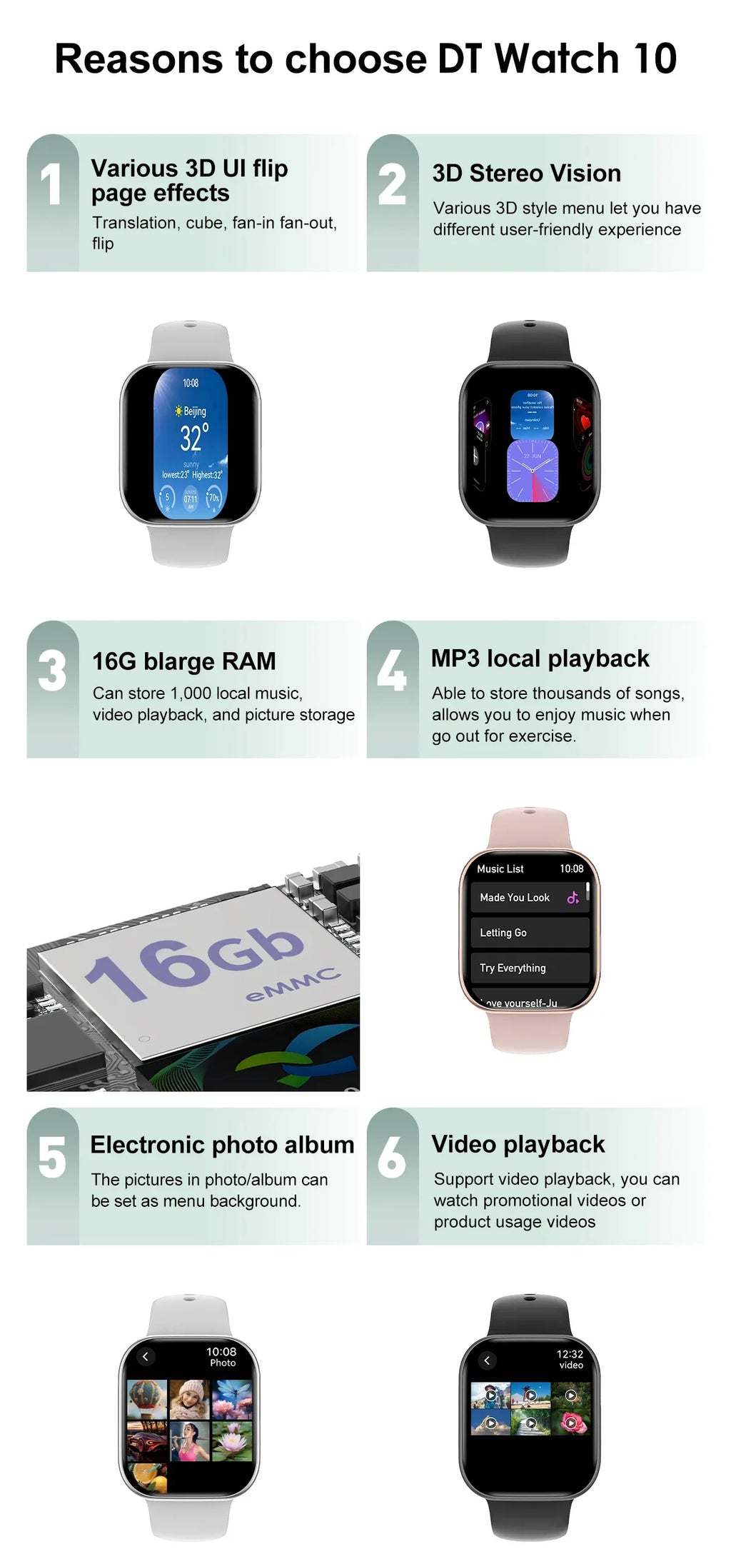 Nuevo reloj inteligente DT 10 con memoria grande de 16GB NFC, brújula de visión estéreo 3D, modo Muiti-Sport, reloj inteligente resistente al agua con llamadas Bluetooth