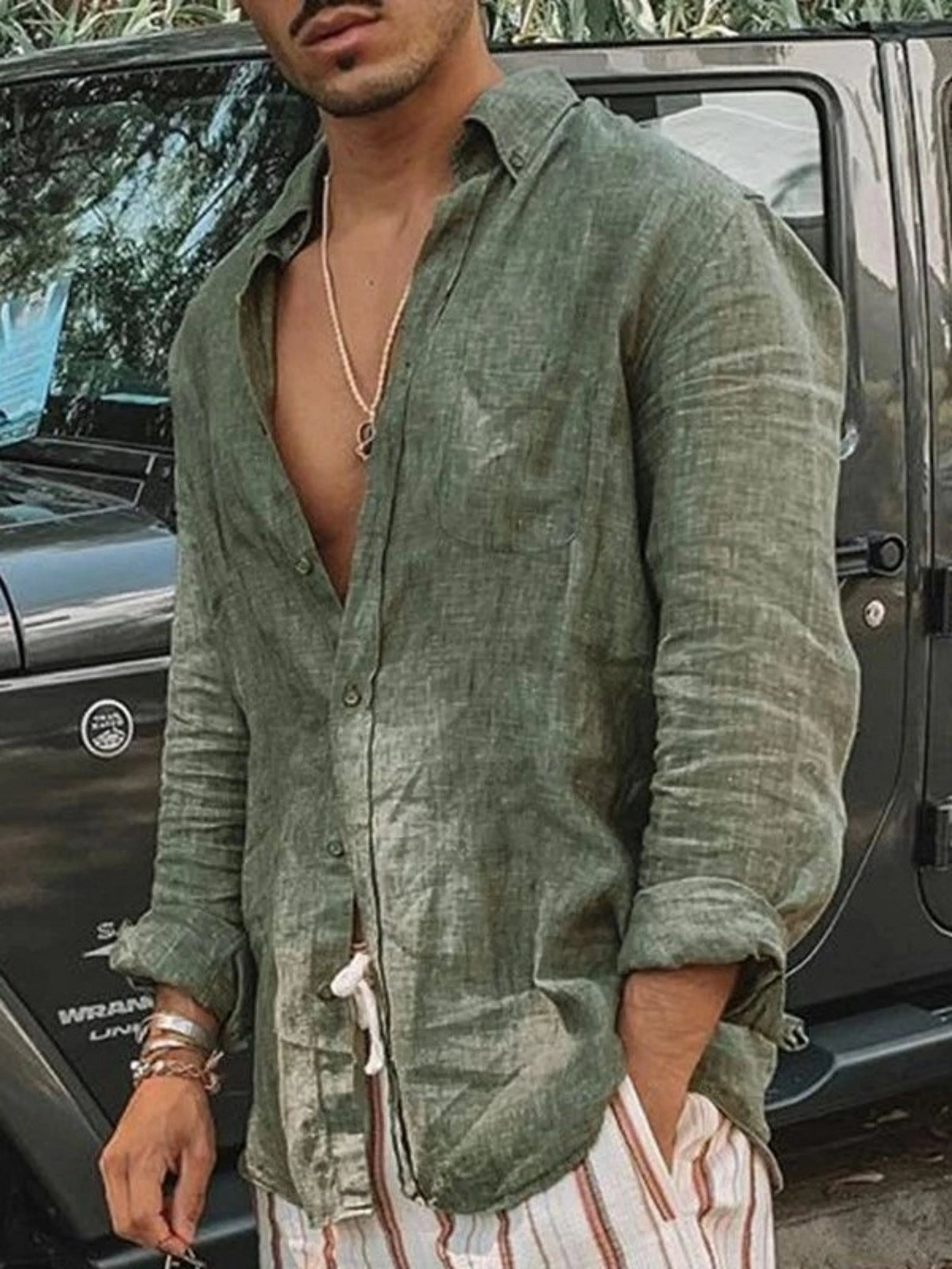 Camisa de manga larga delgada de color sólido para hombres, cárdigan de solapa, adecuado para actividades al aire libre, moda informal