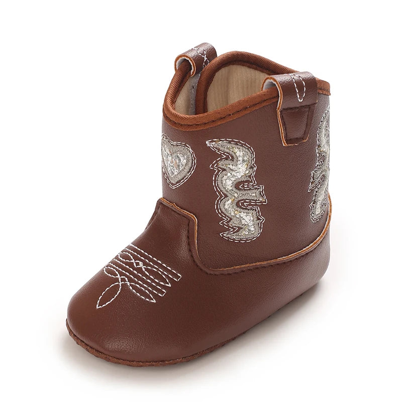 Baby Cowboy Boots Embroidery Soft Sole Baby Shoes Non‑Slip First Walkers Infant Toddler Booties Newborn Prewalker Shoes 0-18M