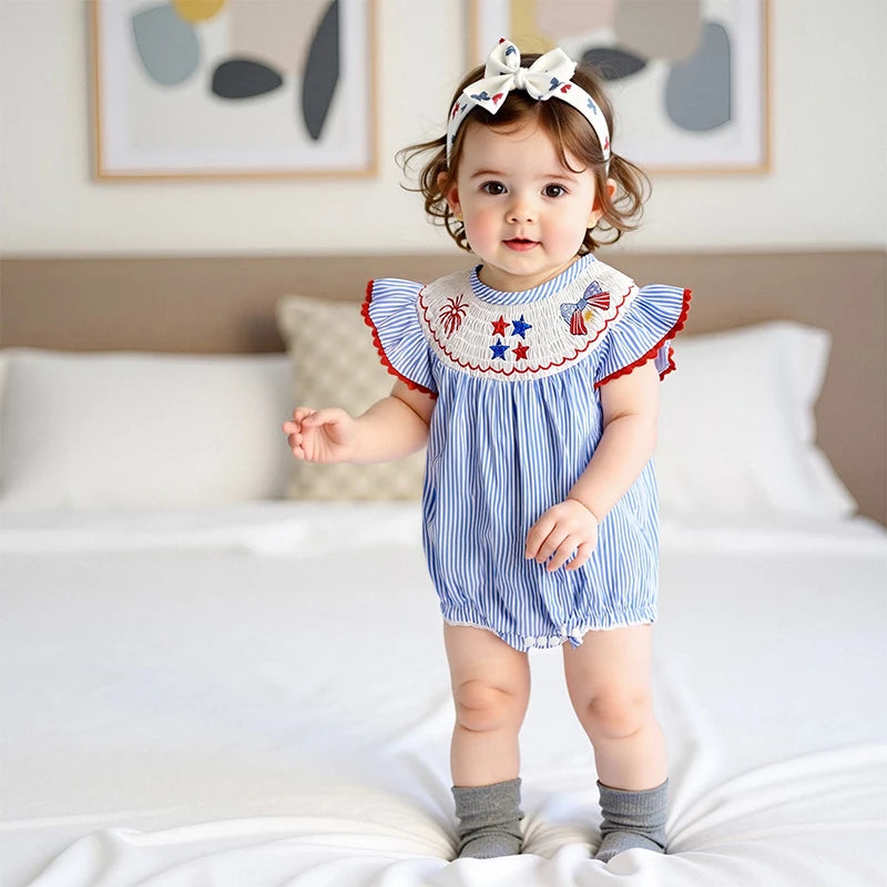 Baby Girl 4th of July Striped Star Romper with Bow