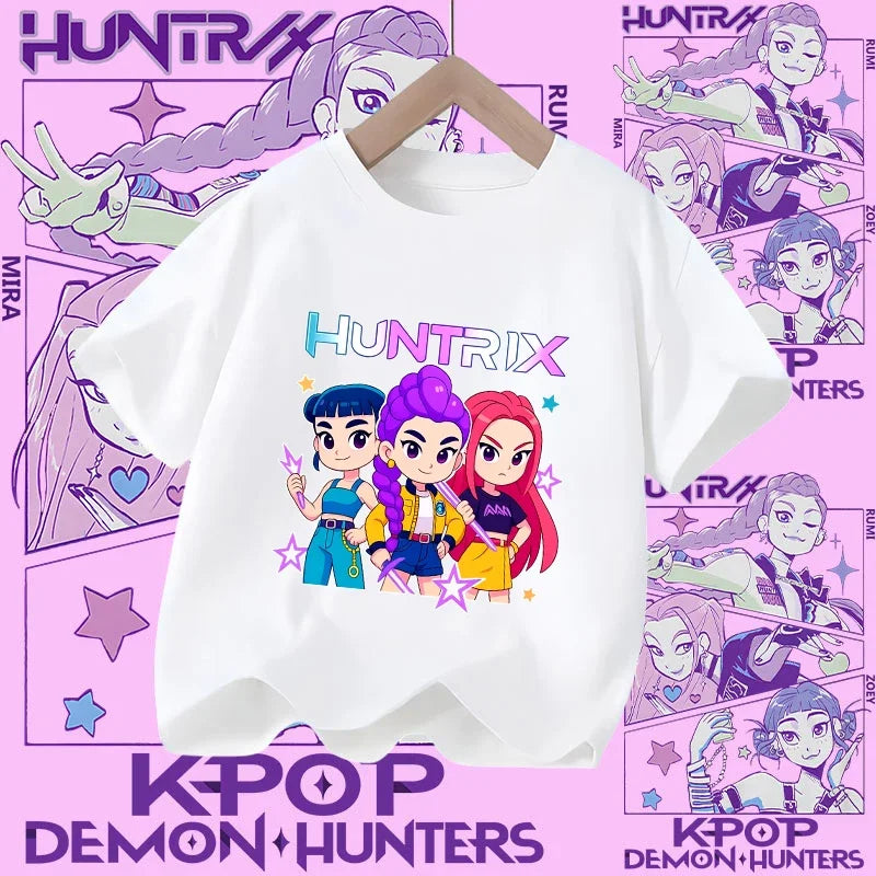 Children's KPOP Demon Hunters movie crewneck cartoon girls' and boys' T-shirt, casual print baby fashion clothing for summer