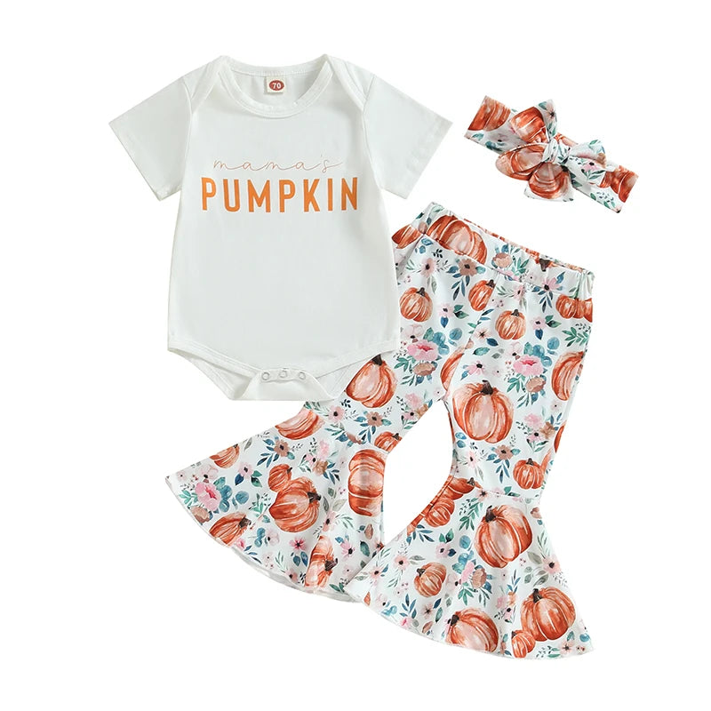 Baby Girl Halloween Pumpkin Romper, Flare Pants & Headband