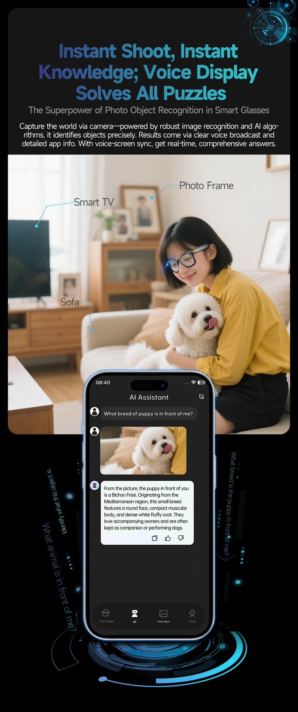 Gafas inteligentes HD grabación de vídeos reconocimiento de fotos AI traducción de respuesta 290mAh batería grande IP67 gafas Bluetooth impermeables